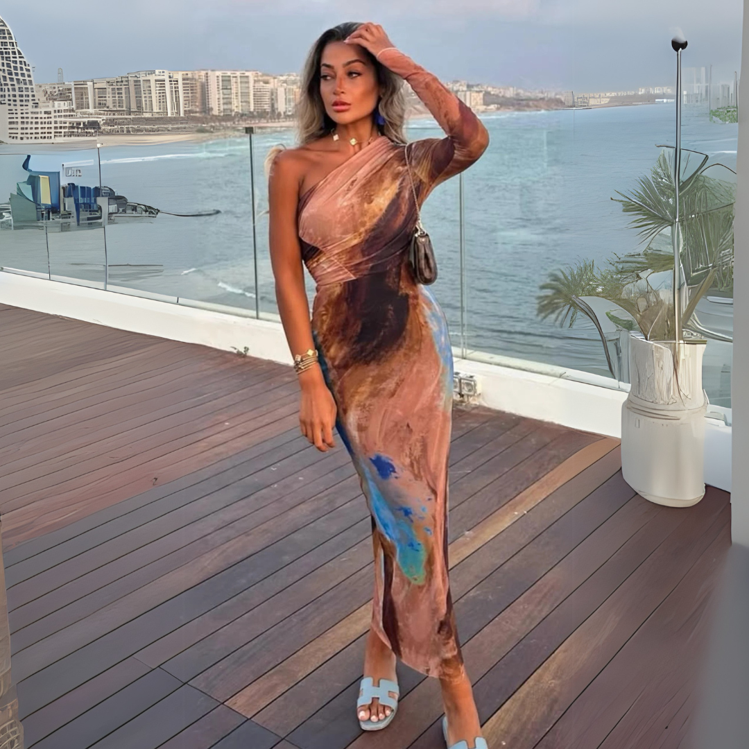 Tropical Print One Shoulder Ruched Mesh Top & Skirt Coord Set
